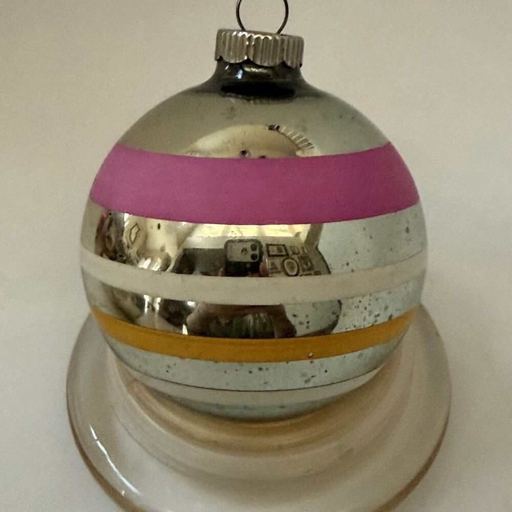 Vintage Shiny Brite Glass Christmas Ornaments USA Striped Set of 2 2.5” - Picture 4 of 8
